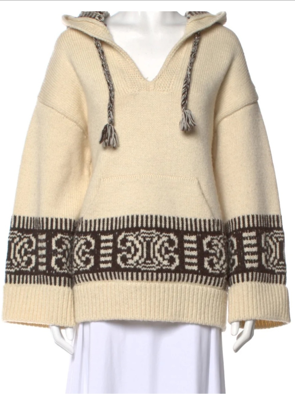 Celine Cream and Black Hooded Wool Sweater with Celine Insignia